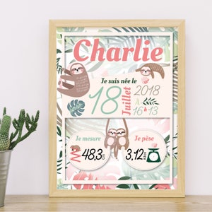 Affiche naissance Fille - Naissance bébé - Cadeau de Naissance - Paresseux - Tropical - Pastel - Affiche naissance - Décoration chambre bébé
