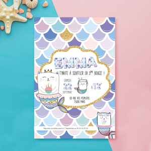 Invitation personnalisée avec ses chats sirènes trop drôles pour votre petite fille ! Un thème original qui va en épater plus d'une !
