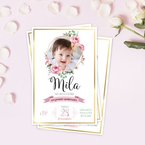 Invitation anniversaire pour votre princesse avec ses dorures et ses fleurs douces et roses. Une invtation épurée et élégante !