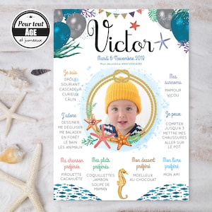 Póster de cumpleaños marinero personalizado para niños. Tema del mar, océano