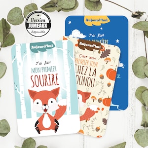 Magnifique lot de cartes première fois bébé, thème renard et ses amis de la forêt pour garder un souvenir inoubliable de son évolution.