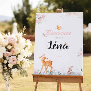Poster per battesimo, compleanno o baby shower - cartello di benvenuto personalizzato - tema cerbiatta, ragazza della foresta