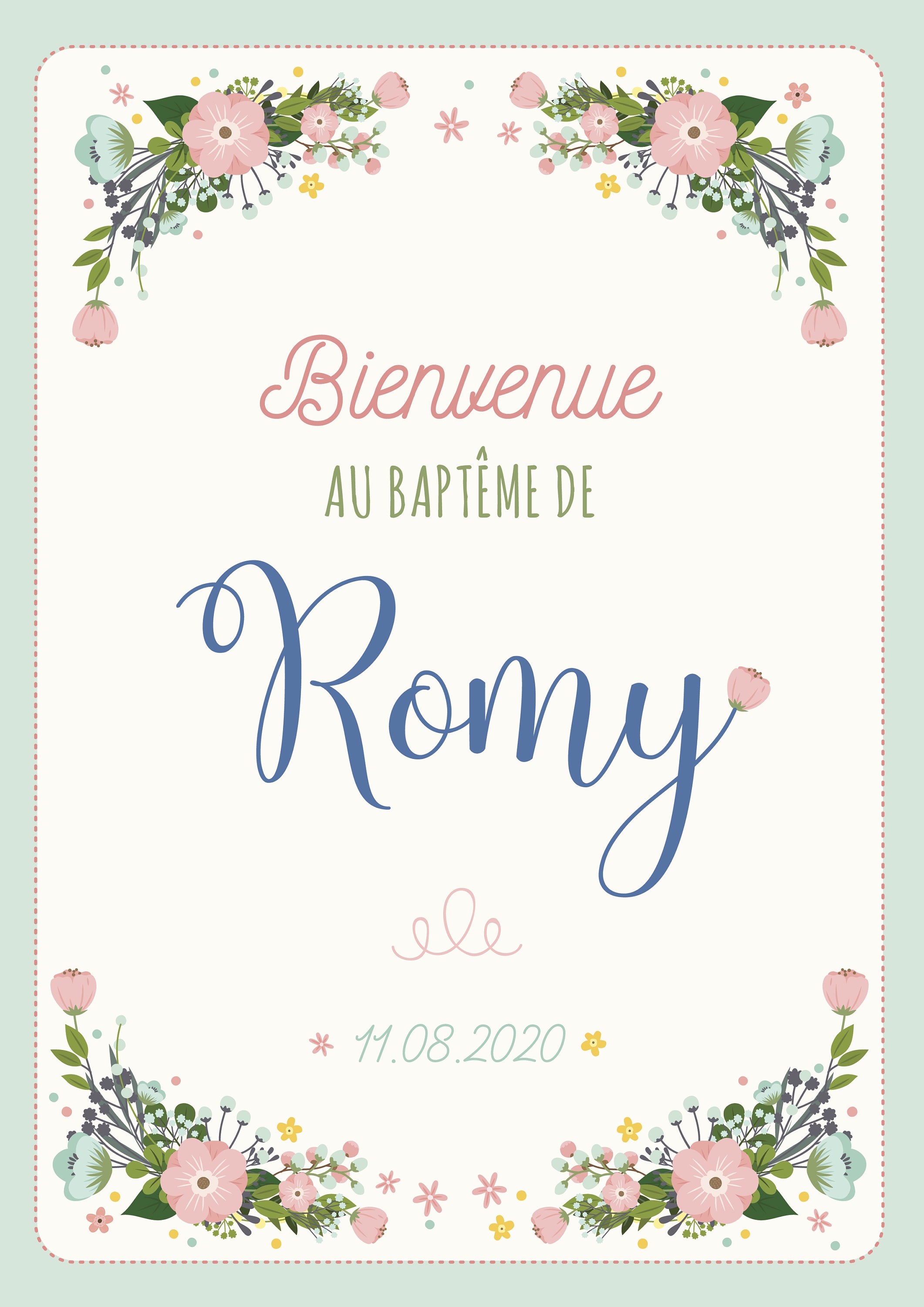 Affiche bienvenue baptême fille fleurs champêtre. Etsy France