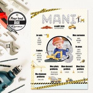 Anniversaire garçon chantier, affiche personnalisée sur votre enfant.