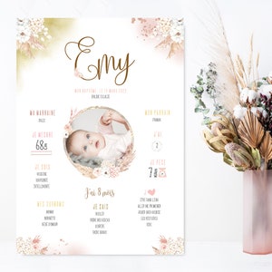 Affiche baptême personnalisée sur le thème pampas et fleurs