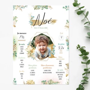 Affiche anniversaire, baptême personnalisée sur le thème eucalyptus pampas sublimée par des touches dorées.