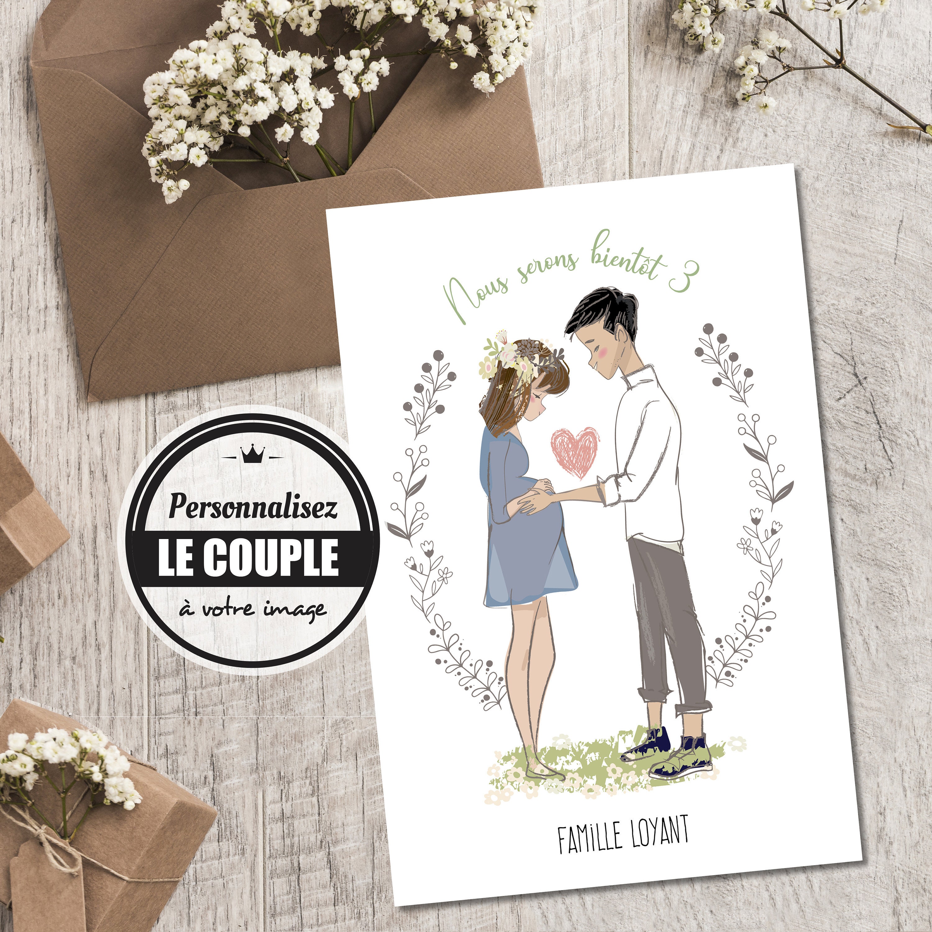 Personalized card in the image of your couple to announce your pregnancy.