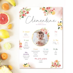 Póster de cumpleaños floral y frutal personalizado para niños, ilustrado a mano para un look único.