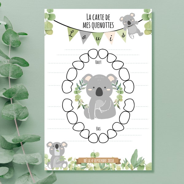 Baby Quenottes Karte - Baby Milch Zähne Karten - Baby-Zähne-Karte - personalisierte Baby-Karte - Koala-Thema