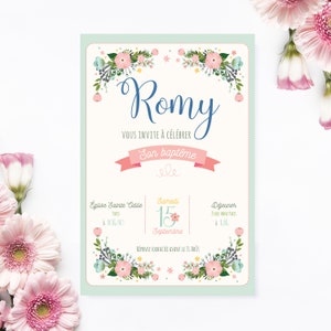 Faire part baptême, cartons d'invitation Baptême de votre enfant, bébé - Thème champêtre et fleurs - Version avec photo disponible