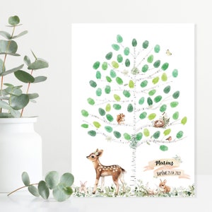 Albero dell'impronta per il battesimo, compleanno, baby shower con tema foresta, cerva e coniglio