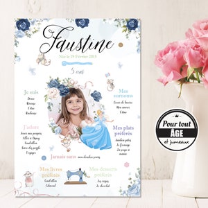 Póster de cumpleaños personalizado con la temática de la Princesa Cenicienta y flores azules.
