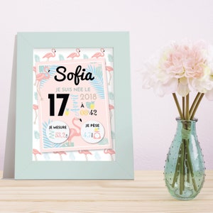 Affiche naissance Fille - Cadeau Baby Shower - Flamant Rose - Affiche naissance - Décoration chambre bébé - Affiche naissance personnalisée
