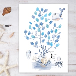 Árbol con huellas de ballenas y animales marinos para niños personalizado para bautizo, cumpleaños o baby shower.