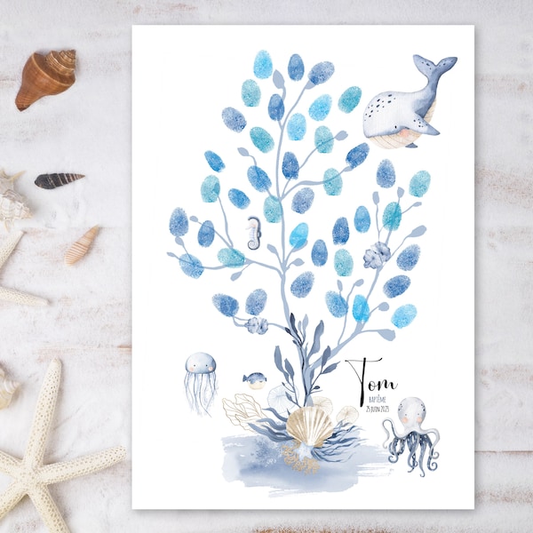 Arbre à empreintes baleine et animaux marin pour enfant personnalisé pour baptême, anniversaire ou baby shower.