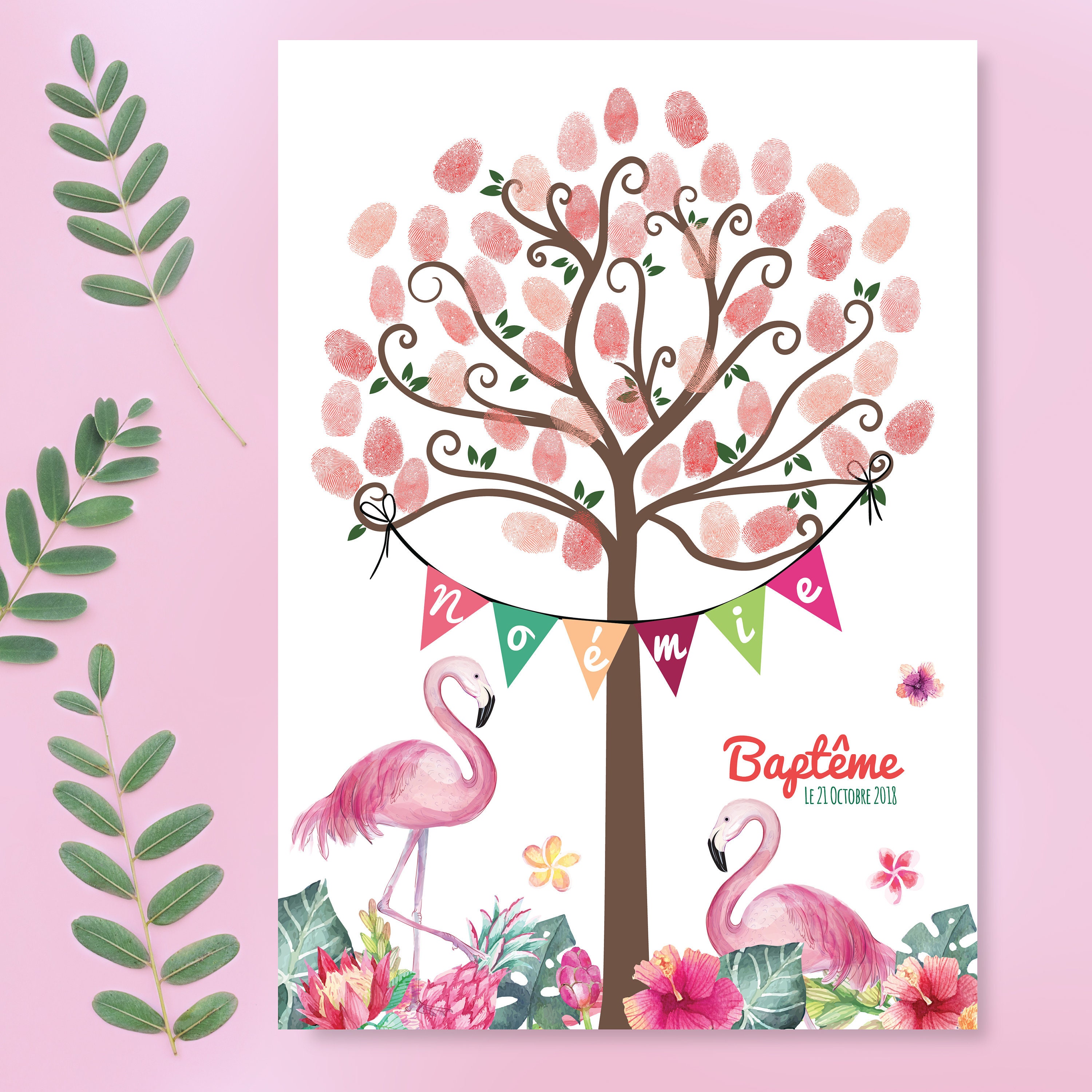 Tropical Footprint Tree With Its Flowers and Pink Flamingo. for Your  Child's Birthday or a Superb Baby Shower 