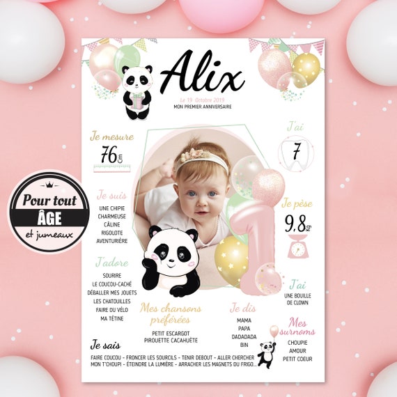 Affiche anniversaire 1 an fille personnalisée panda, pastel avec ses  ballons anniversaire fille 1 an bébé -  France