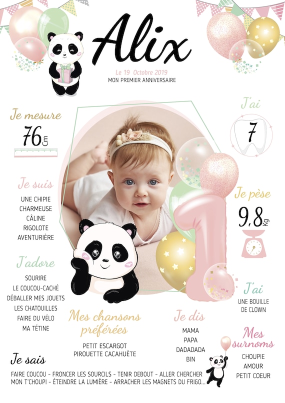 Affiche anniversaire 1 an fille personnalisée panda pastel - Etsy France