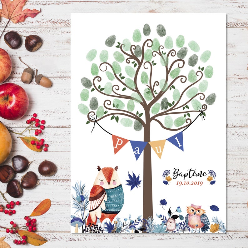 Footprint tree for baptism birthday or baby shower. Tree footprints forest boy with his owls