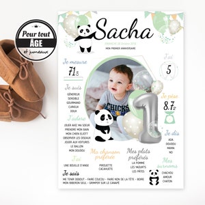 Cartel de cumpleaños para niños - Cartel de cumpleaños de niña y niño - cartel de cumpleaños personalizado - panda y globos - bebé de 1 año