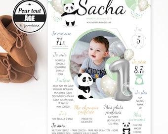 Affiche anniversaire pour enfant - Poster anniversaire fille et garçon- affiche anniversaire personnalisée - panda et ballons - 1 an bébé