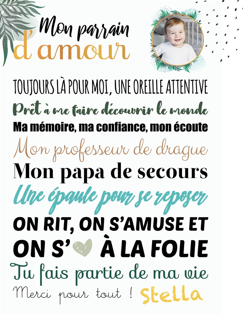 Cadeau Parrain : Affiche personnalisable à offrir pour le parrain de votre enfant, avec sa photo et signée par son prénom. image 2