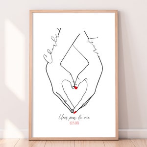 Personalisiertes Geschenkposter für Paare, grafische Hände. Geschenk für ein Verlobungspaar