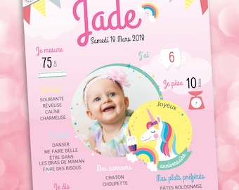 Affiche anniversaire Licorne - Affiche anniversaire fille - 1 an bébé - Affiche anniversaire personnalisée - Décoration licorne