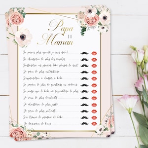 Lot de cartons de jeux baby shower, jeux papa ou maman, thème élégant pastel fleurs et or
