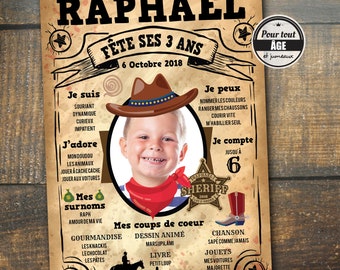 Affiche personnalisée Anniversaire - Affiche anniversaire enfant - Poster enfant anniversaire Western - Anniversaire garçon - far west