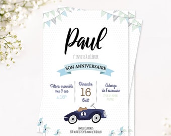 Personalized vintage car themed birthday boy invitation.