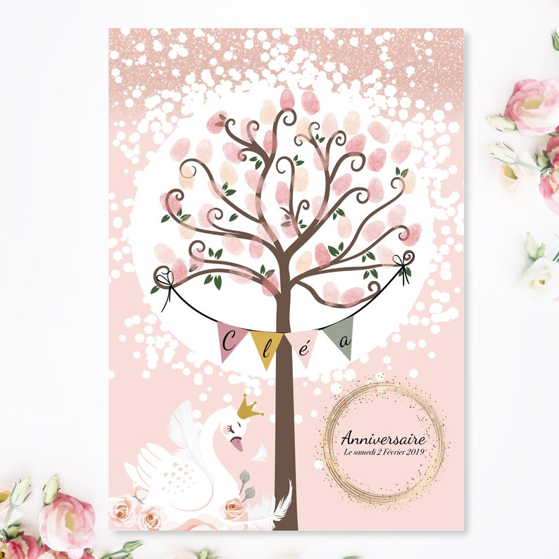 Arbre à empreintes personnalisé avec le prénom de votre enfant pour son Baptême ou baby shower - Créatrice ETSY : OmadeCreation