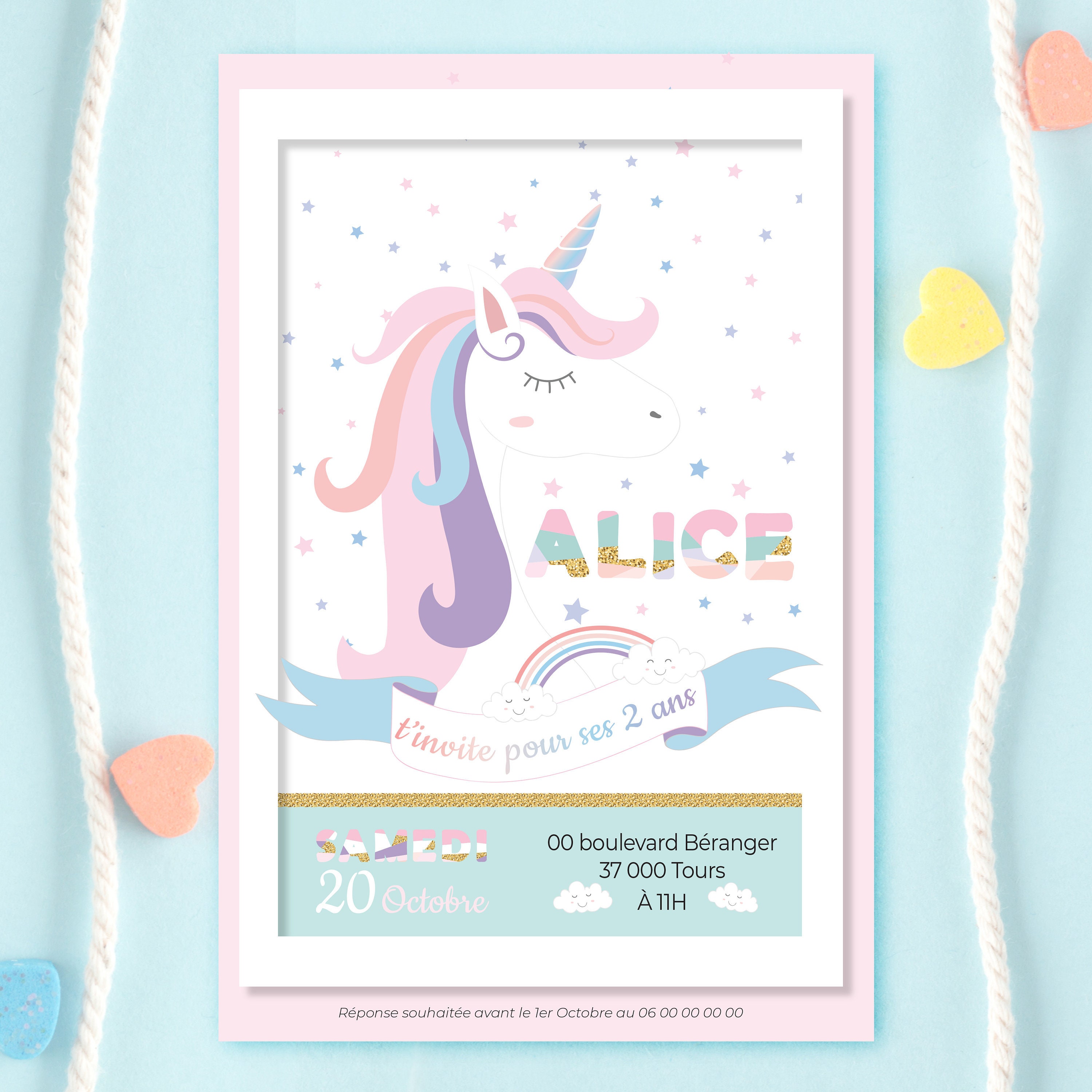 Invitation à personnaliser - Licorne Or pour l'anniversaire de