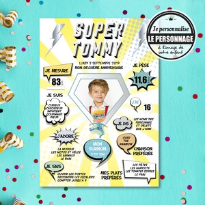 Affiche anniversaire personnalisée pour garçon ou fille  Super Héro, comics. Un univers Marvel revisité avec un super héro à personnaliser.