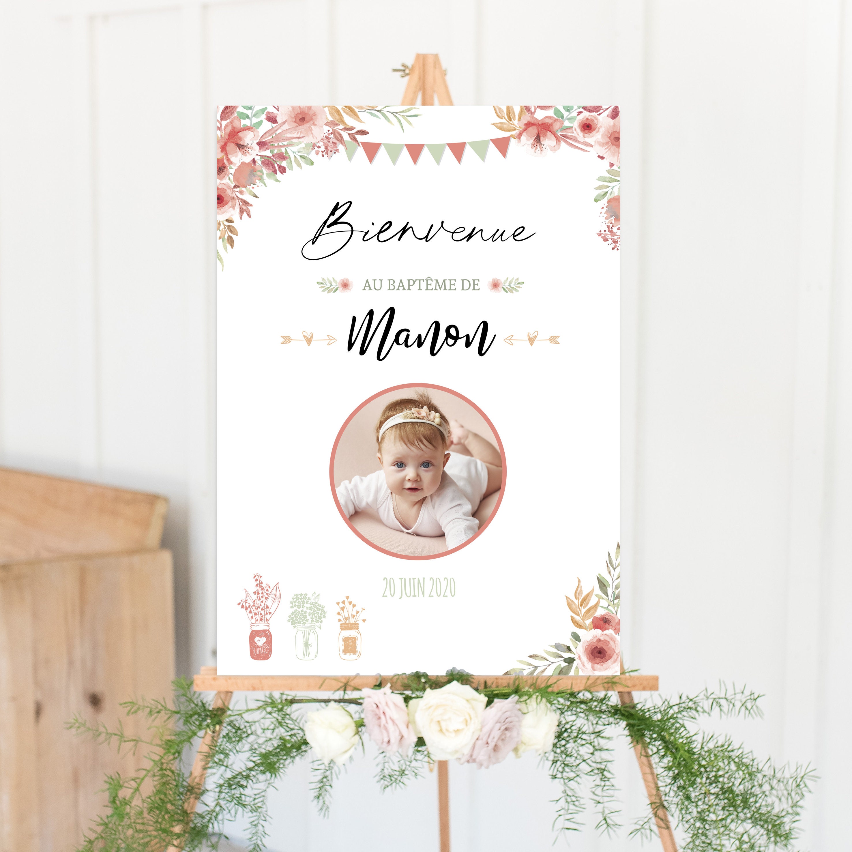 Affiche Bienvenue Bapteme Champetre Fleurs Pour Fille Etsy