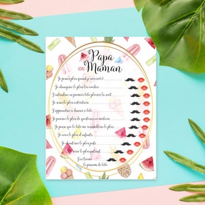Cartes de jeux baby shower, jeux Papa ou Maman, Pastèque acidulée, Imprimé sur papier haut gamme - OMADE