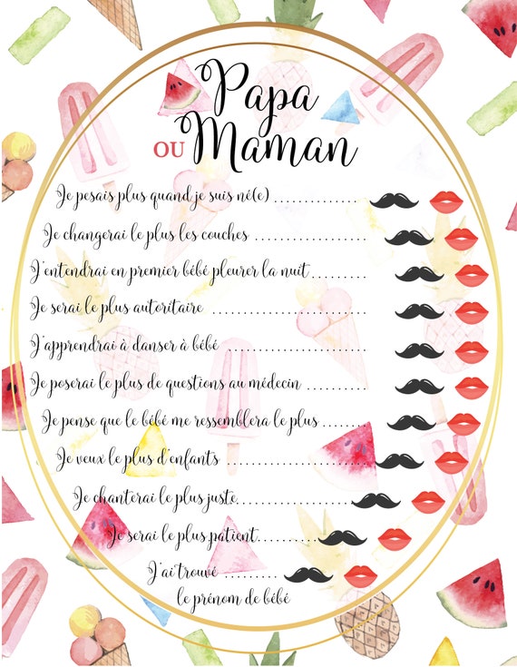 Cartes De Jeux Baby Shower Jeux Papa Ou Maman Pasteque Etsy