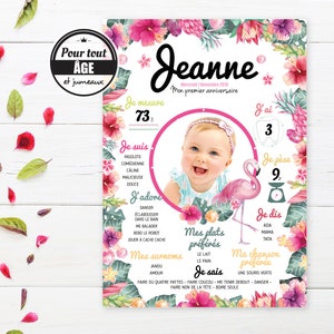 Affiche anniversaire tropical avec sa décoration flamant rose et ses fleurs exotiques. Affiche à personnaliser pour une tropical party !