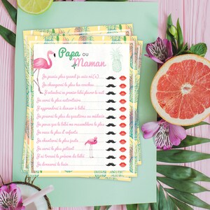 Baby Shower - Lot de cartes de jeux baby shower, jeux papa ou maman, thème tropical