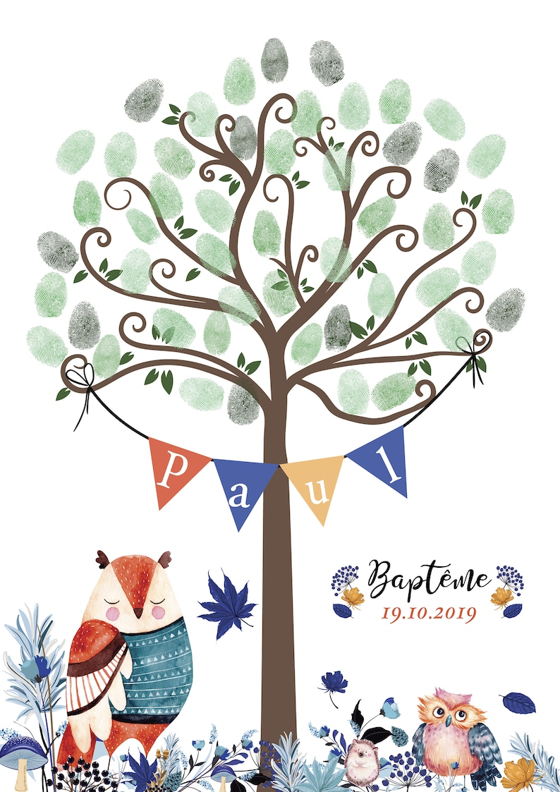 Footprint tree for baptism birthday or baby shower. Tree footprints forest boy with his owls
