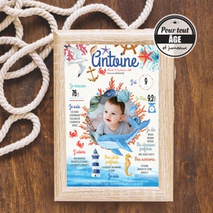 Póster de cumpleaños de niño con temática oceánica, marinero con su dulce y gráfica ballena.