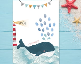 Arbre à empreintes baleine et marin pour enfant personnalisé pour baptême, anniversaire ou baby shower.