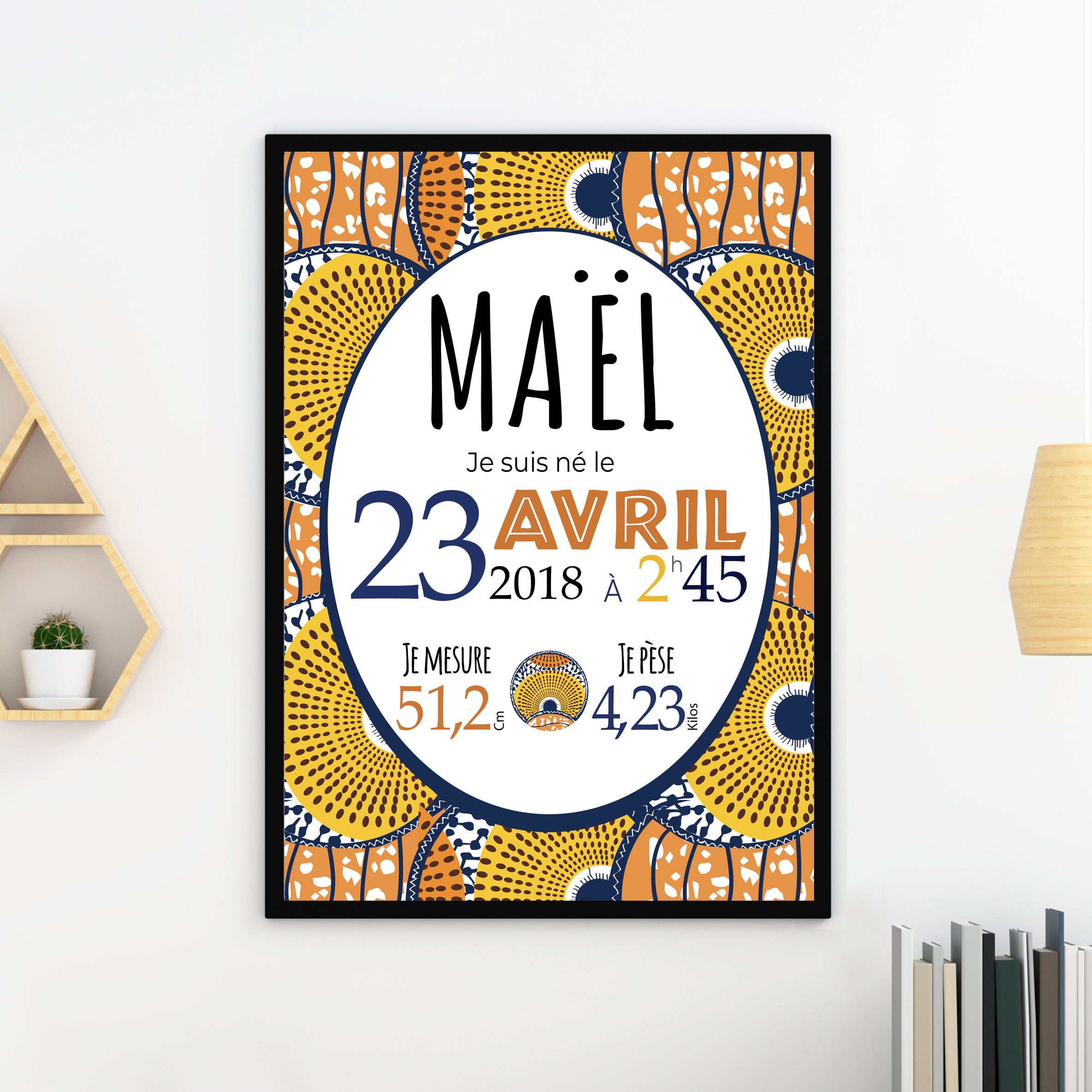 Affiche Naissance - Affiche Chambre Bébé Thème Wax Jaune Enfant Bébé