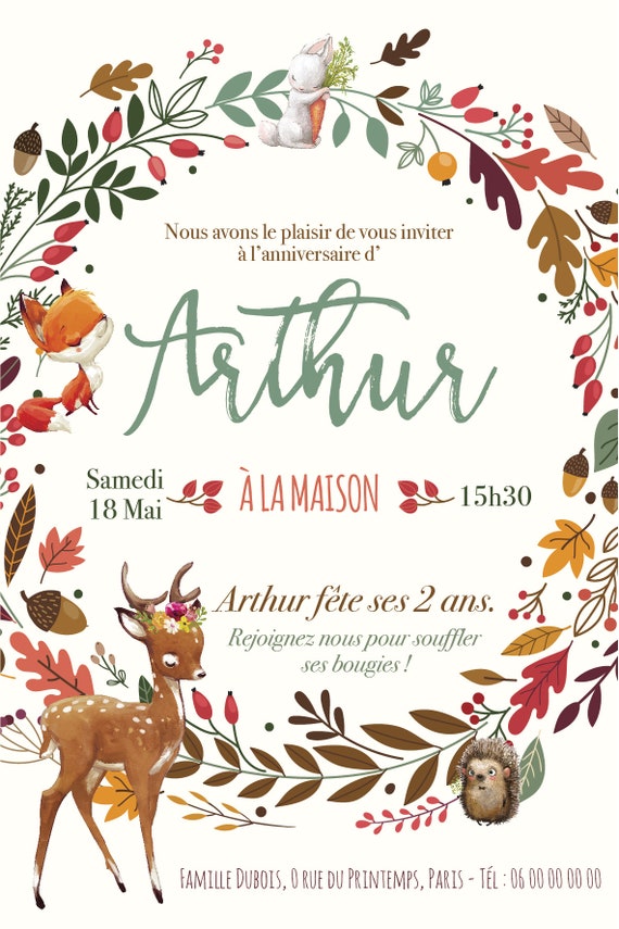 Invitation anniversaire enfant au thème forêt avec son renard et sa biche  tendance. Un carton d'invitation renard doux pour garçon et fille.