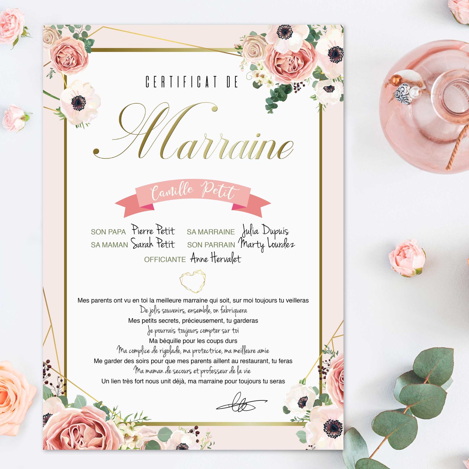 Cadeau marraine : Souvenir Baptême, Affiche certificat personnalisé ...