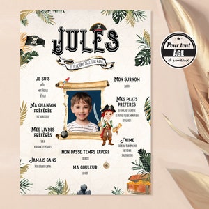 Póster de cumpleaños personalizado con temática pirata, trópico para niños.