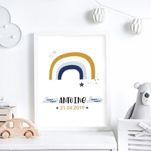 Affiche de naissance personnalisée à encadrer pour chambre d'enfant au thème arc-en-ciel. Modèle Fond Blanc. Idéal en cadeau de naissance
