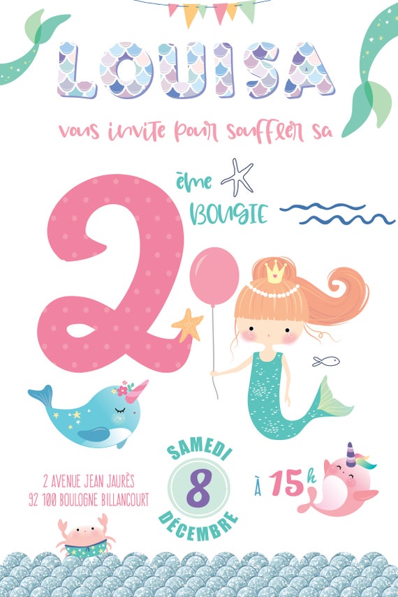 Set 8 invitations anniversaire Sirène