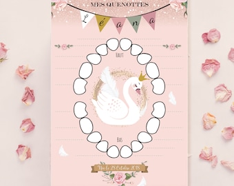 Carte Quenottes bébé - Cartes dents de lait bébé - Carte dents de bébé - Carte personnalisée bébé - thème Cygne, princesse pour fille