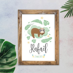 Affiche de naissance personnalisée thème tropical, paresseux.